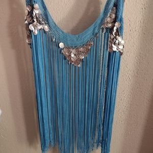 A turquoise belly dance accessory with silver coins.